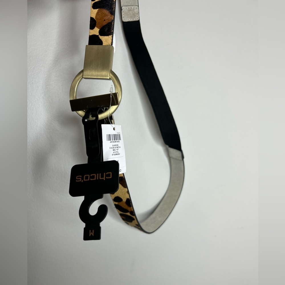 Chico’s 3 size stretch leather calf hair animal print belt with metal fastener. - Picture 5 of 6